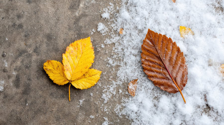 A close-up view of yellow and brown leaves resting on a snowy ground, illustrating the beautiful contrast between autumn and winter. Perfect for seasonal themes.の素材