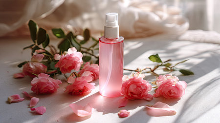 A stunning pink spray bottle elegantly placed among fresh roses and petals. This serene composition captures beauty, freshness, and tranquility in a natural setting.の素材