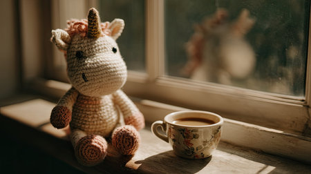 A delightful crocheted unicorn toy sits beside a coffee cup on a wooden windowsill, bathed in warm sunlight, evoking a cozy and serene atmosphere.の素材