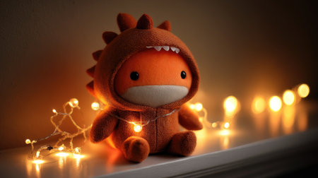 A charming orange plush toy wrapped in fairy lights creates a warm, cozy atmosphere in this indoor scene, perfect for capturing the essence of childhood joy.の素材