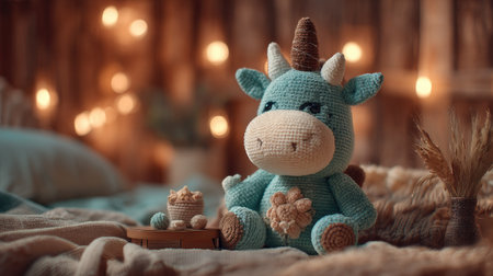 Adorable crochet unicorn toy in soft pastel hues, set in a cozy home environment. Ideal for decorations, gifts, or childhood memories, radiating warmth and charm.の素材