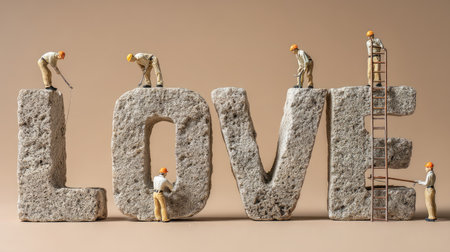 Small workers engage in shaping stone letters that spell love, showcasing creativity and dedication against a warm beige backdrop, symbolizing passion and effort.の素材