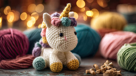 Adorable crochet unicorn toy sits among vibrant yarn in a cozy craft setting, perfect for inspiring creativity and play. Ideal gift for all ages.の素材