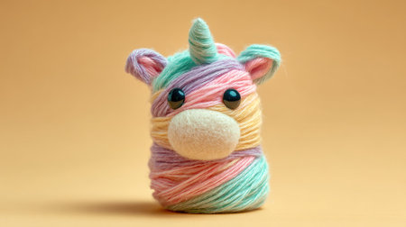 Adorable yarn unicorn figurine in pastel colors, perfect for craft lovers. This charming decor item adds whimsical flair to any space or project.の素材