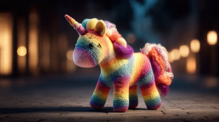 A vibrant rainbow-colored crochet unicorn toy stands proudly in a magical evening setting, embodying whimsy and joy, perfect for gifts or decor.の素材