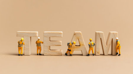 Miniature workers in bright uniforms arrange wooden letters to form the word "TEAM." This image symbolizes collaboration and unity in a professional context.の素材
