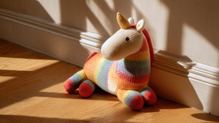 A colorful knitted unicorn toy rests on a warm wooden floor, basking in sunlight. This whimsical decor adds a touch of joy and creativity to any indoor space.の素材