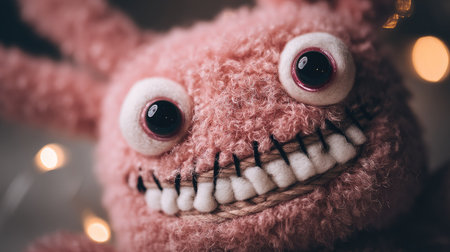 This charming pink plush creature features oversized eyes and a stitched smile, perfect for children's rooms or whimsical decor. A delightful toy full of character.の素材