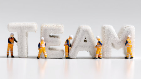 Miniature construction workers gather to form the word "TEAM" using stylized letters, highlighting the spirit of collaboration and teamwork in a playful, creative manner.の素材