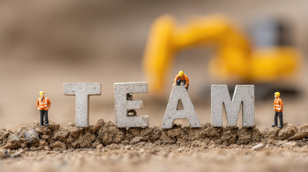 Miniature construction workers assemble the word "TEAM" on a dirt surface, symbolizing collaboration and unity in the construction industry.の素材