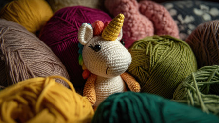 Adorable crochet unicorn toy surrounded by various colorful yarn balls. Perfect for showcasing creativity, craftsmanship, and vibrant textile art suitable for craft projects.の素材