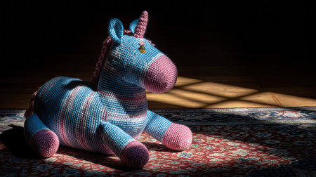 This delightful handmade crochet unicorn toy enchants with its soft pastel hues and charming design. Perfect for children's rooms and playful decor.の素材