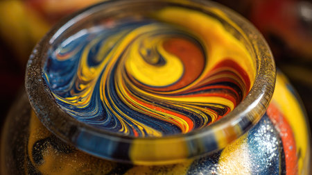 Close-up view of a decorative glass bowl, showcasing vibrant colors swirling together. This artistic piece features intricate patterns, highlighting unique design elements perfect for decoration or display.の素材