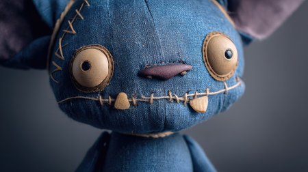 This charming plush toy features a unique design with blue fabric and intricate stitching. Perfect for decor, gifts, or collections, it brings whimsy to any space.の素材