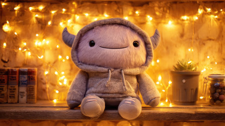 Adorable plush monster in a cozy hoodie sits among soft fairy lights, creating a warm and inviting atmosphere perfect for children's rooms or playful decor.の素材