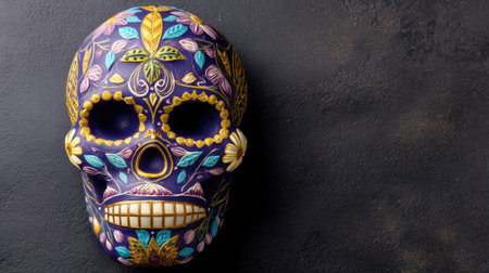 This colorful decorative skull features intricate floral patterns and vibrant colors. Perfect for celebrations like Day of the Dead, it embodies cultural artistry.の素材