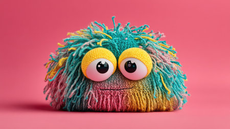A vibrant and fluffy plush toy with oversized eyes against a bright pink background, perfect for evoking playfulness and joy in any setting.の素材