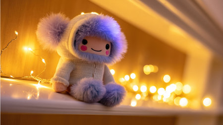 This image features a cute plush toy sitting on a shelf, surrounded by soft warm lights, evoking feelings of warmth and childhood joy. Perfect for cozy decor themes.の素材