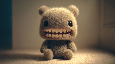 This image features a cute plush toy character with a big smile and soft, furry texture. A perfect representation of joy and childhood innocence in a cozy setting.の素材