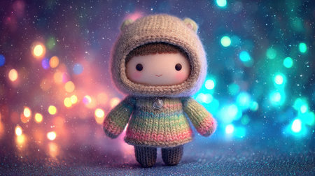 This charming knitted doll showcases colorful attire and a cozy hat, perfect for capturing warmth and joy. Ideal for inspiring creativity and happiness.の素材