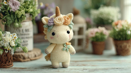This enchanting crochet unicorn toy showcases a whimsical design, featuring soft pastel colors and flower accents, perfect for nursery decor or a unique gift.の素材
