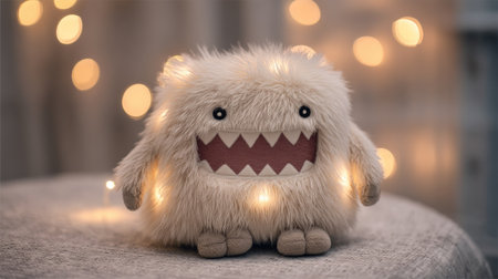 This charming fluffy monster toy features soft textures and glowing lights, perfect for adding a whimsical touch to kids' rooms or festive celebrations.の素材