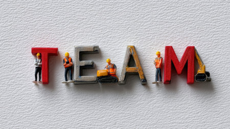 A creative arrangement of miniature construction workers forming the word "TEAM" with tools. This image captures collaboration and industry spirit in a fun, artistic way.の素材