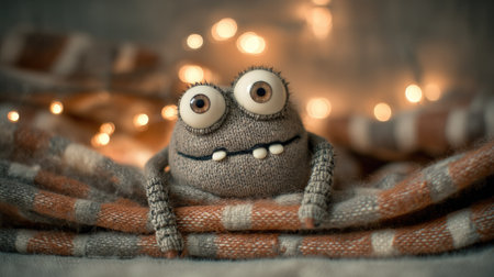 A cute plush creature with large eyes sits on a cozy blanket surrounded by warm fairy lights, evoking feelings of joy, comfort, and creativity in a whimsical setting.の素材