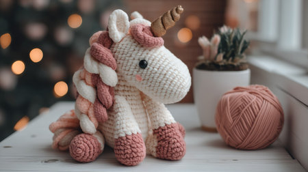 This charming crochet unicorn toy features soft pink and gold accents, perfect for children's rooms or as a whimsical decor piece to brighten any space.の素材