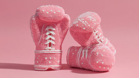 A stunning pair of pink beaded boxing gloves displayed on a soft pink background, perfect for creative decor, fashion accessories, or playful gifts.の素材