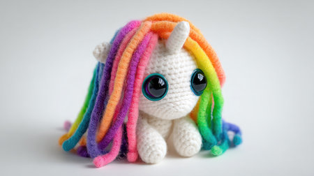This charming crochet unicorn toy features vibrant rainbow hair and large expressive eyes, perfect for children's joy or as a decorative piece in any playful setting.の素材