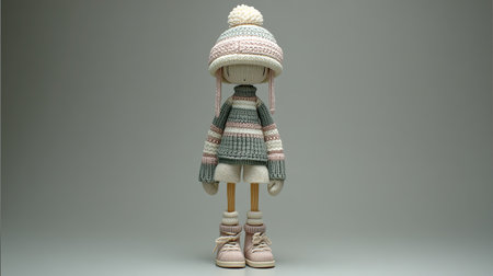 This charming handmade doll features a cozy knit sweater and a stylish beanie, perfect for winter decor. Its adorable expression adds a playful touch.の素材