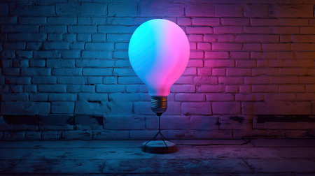 A vibrant lamp shaped like a bulb radiates colorful neon light in shades of blue and purple, creating a stylish atmosphere against a textured brick wall.の素材