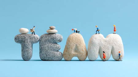 This image showcases a creative team concept with colorful stones forming the word "TEAM" and tiny figurines, representing collaboration and unity in a vibrant design.の素材
