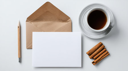 A cozy coffee setup featuring a cup of coffee, cinnamon sticks, a blank white card, and a brown envelope, perfect for inviting warmth and creativity.の素材