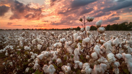 A picturesque cotton field at sunset showcases fluffy cotton bolls against a colorful sky, highlighting the beauty of nature and agriculture.の素材