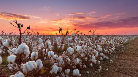 A serene cotton field showcases blooming white plants set against a breathtaking sunset. The vibrant sky reflects colors of nature, creating a peaceful rural landscape.の素材