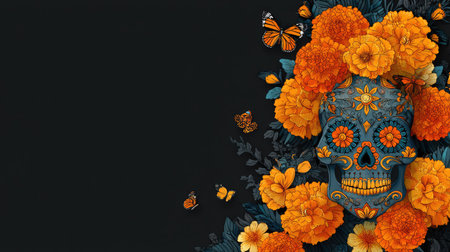 This striking artwork features a colorful skull adorned with marigold flowers and butterflies, embodying a festive and artistic spirit. Perfect for cultural celebrations.の素材