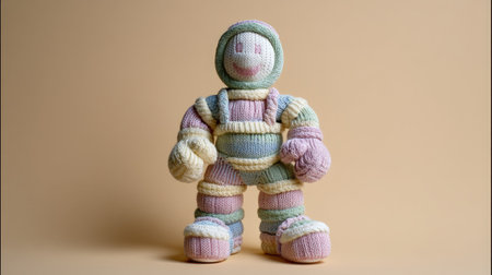 Adorable knitted toy figure in pastel colors stands against a soft beige background. This handcrafted piece brings warmth and playfulness to any space. Perfect as a gift or decorative item.の素材