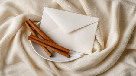 A serene composition featuring a white envelope alongside cinnamon sticks on a soft fabric background, ideal for evoking warmth and comfort during seasonal celebrations.の素材