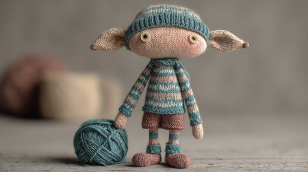 A charming handmade doll with a yarn ball, dressed in cozy knitted attire. The soft textures and playful design make this character a delightful artistic piece.の素材