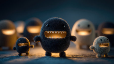 A delightful collection of cute monster characters featuring glowing smiles and playful expressions, perfect for whimsical art designs and imaginative settings.の素材