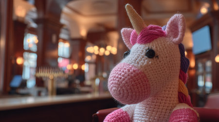 A delightful crochet unicorn toy sits in a cozy restaurant, surrounded by warm lighting. This charming piece adds a playful touch to any decor, evoking joy and creativity.の素材