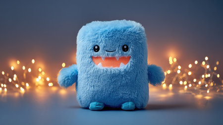 A delightful blue plush monster toy with a friendly smile against a soft background, perfect for adding a playful touch to any child's room or as a cheerful gift.の素材