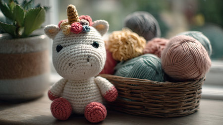 An enchanting crocheted unicorn toy is nestled next to vibrant yarn balls. This image captures the essence of creativity and warmth, perfect for craft enthusiasts.の素材