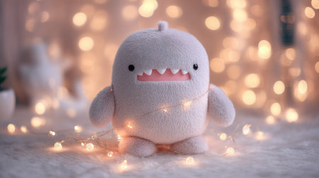 An adorable plush toy radiates happiness, surrounded by soft fairy lights. Perfect for cozy settings, this image captures warmth and whimsy, ideal for decor.の素材