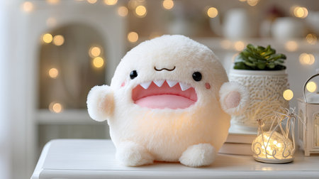 Delight in this cute plush toy featuring a smiling face and sharp teeth. Perfect for adding charm to any cozy indoor space or as a delightful gift.の素材