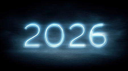 The bright neon glowing digits represent the year 2026 against a sleek dark background, symbolizing future events and celebrations with an elegant touch.の素材