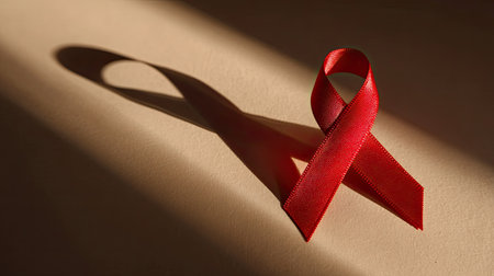 A striking red ribbon rests on a light background, casting a soft shadow. This image represents awareness and support for various health causes, symbolizing unity and hope.の素材