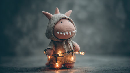 This adorable plush monster character in a cozy sweater holds glowing fairy lights, exuding charm and joy, perfect for festive decoration and whimsical photography.の素材